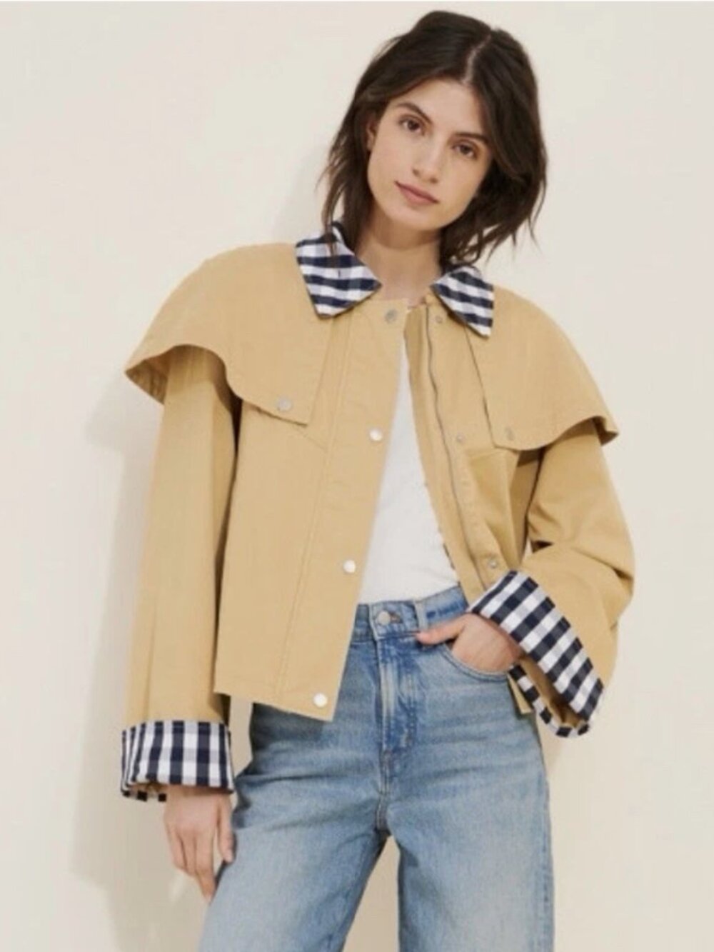 Avec Les Filles Beige Gingham Cropped Cape Jacket NWT XL